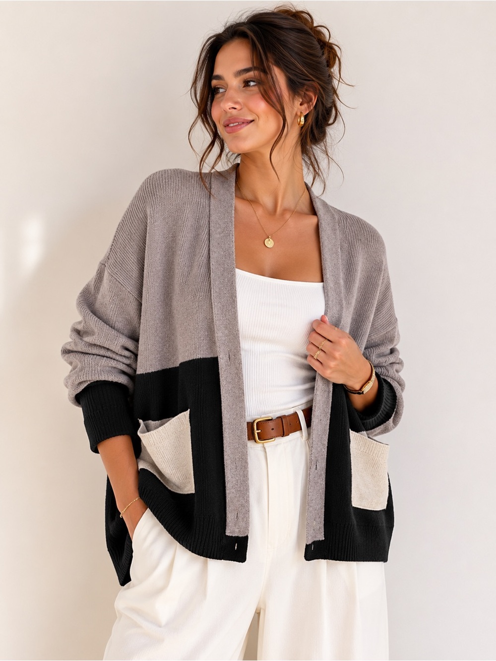 Aaeda Two-Tone Gray & Black Open Front Cardigan